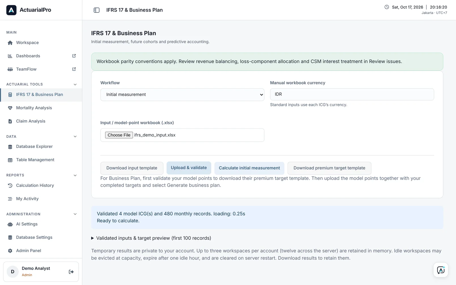 IFRS 17 inputs screen, fictional data