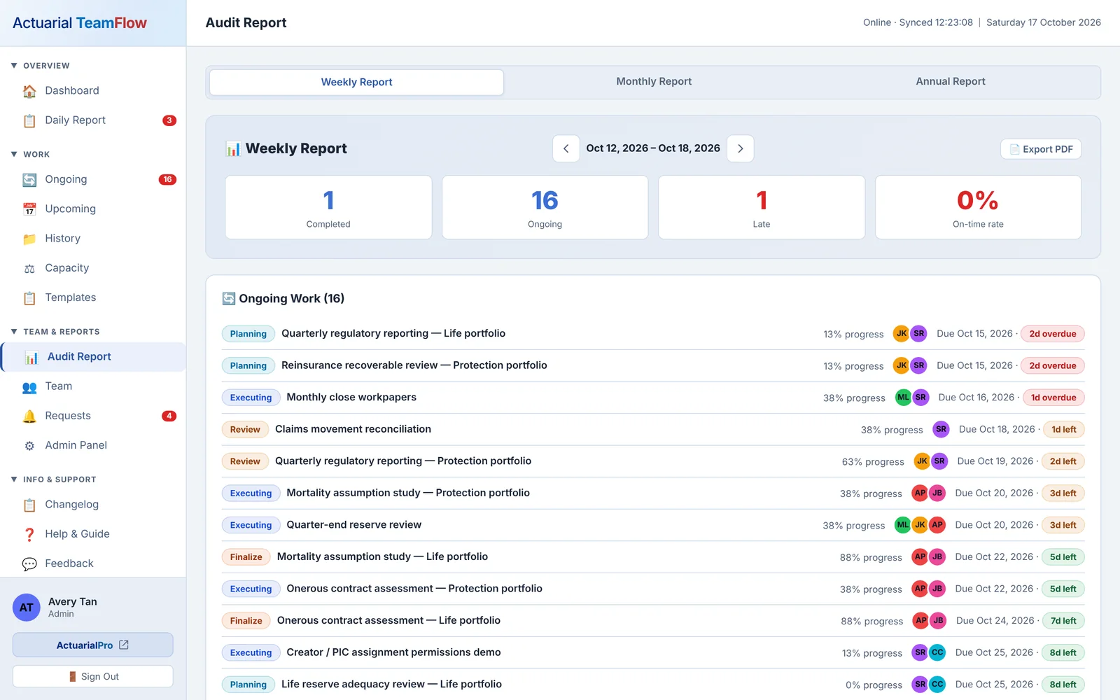 Audit report screen, fictional data
