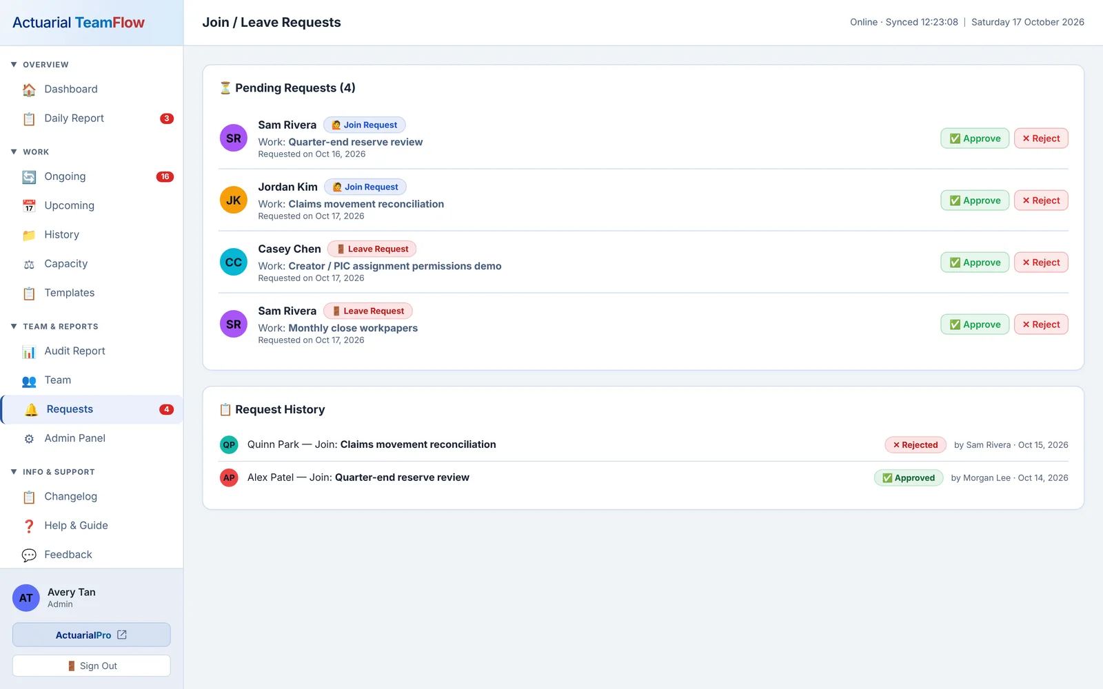 Join and leave requests screen, fictional data
