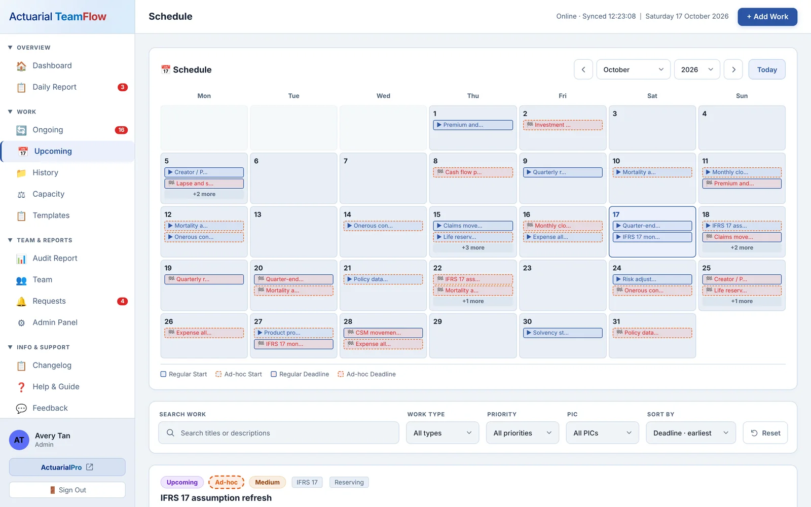 Schedule screen, fictional data